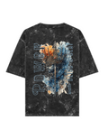 Rear - A black short-sleeve t-shirt with a Acid Washed look, featuring a large graphic print on the back. The graphic includes the word 'POWER' in light blue outline letters, a central face silhouette, and a blue, white, and orange paint splatter design with the text ' Power makes blind and Deaf'.