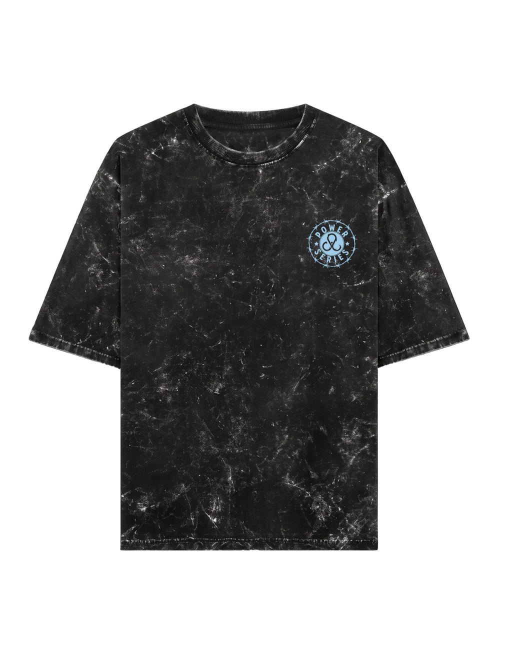Front - A black short-sleeve t-shirt with a Acid Washed look, featuring a large graphic print on the back. The graphic includes the word 'POWER' in light blue outline letters, a central face silhouette, and a blue, white, and orange paint splatter design with the text ' Power makes blind and Deaf'.