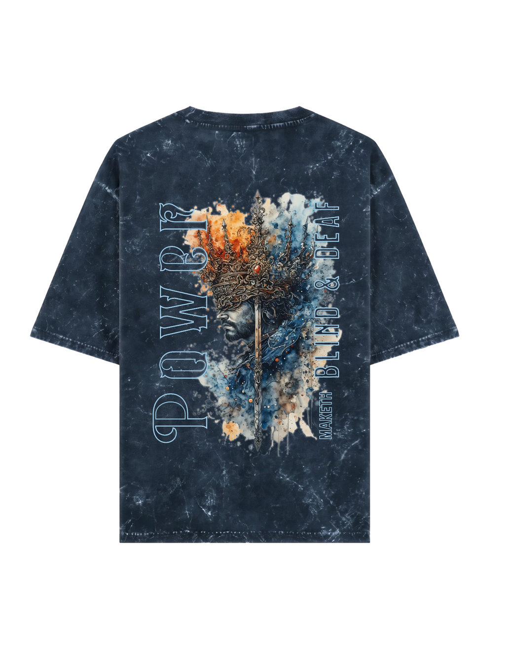 Rear - A blue short-sleeve t-shirt with a Acid Washed look, featuring a large graphic print on the back. The graphic includes the word 'POWER' in light blue outline letters, a central face silhouette, and a blue, white, and orange paint splatter design with the text ' Power makes blind and Deaf'.