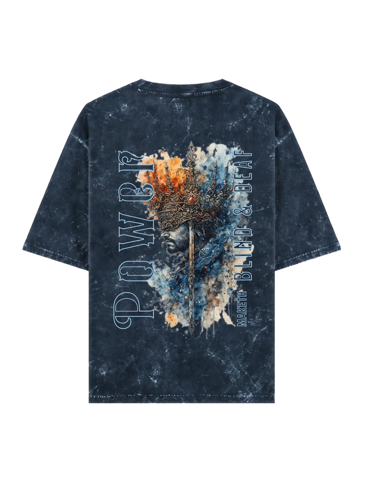 Rear - A blue short-sleeve t-shirt with a Acid Washed look, featuring a large graphic print on the back. The graphic includes the word 'POWER' in light blue outline letters, a central face silhouette, and a blue, white, and orange paint splatter design with the text ' Power makes blind and Deaf'.
