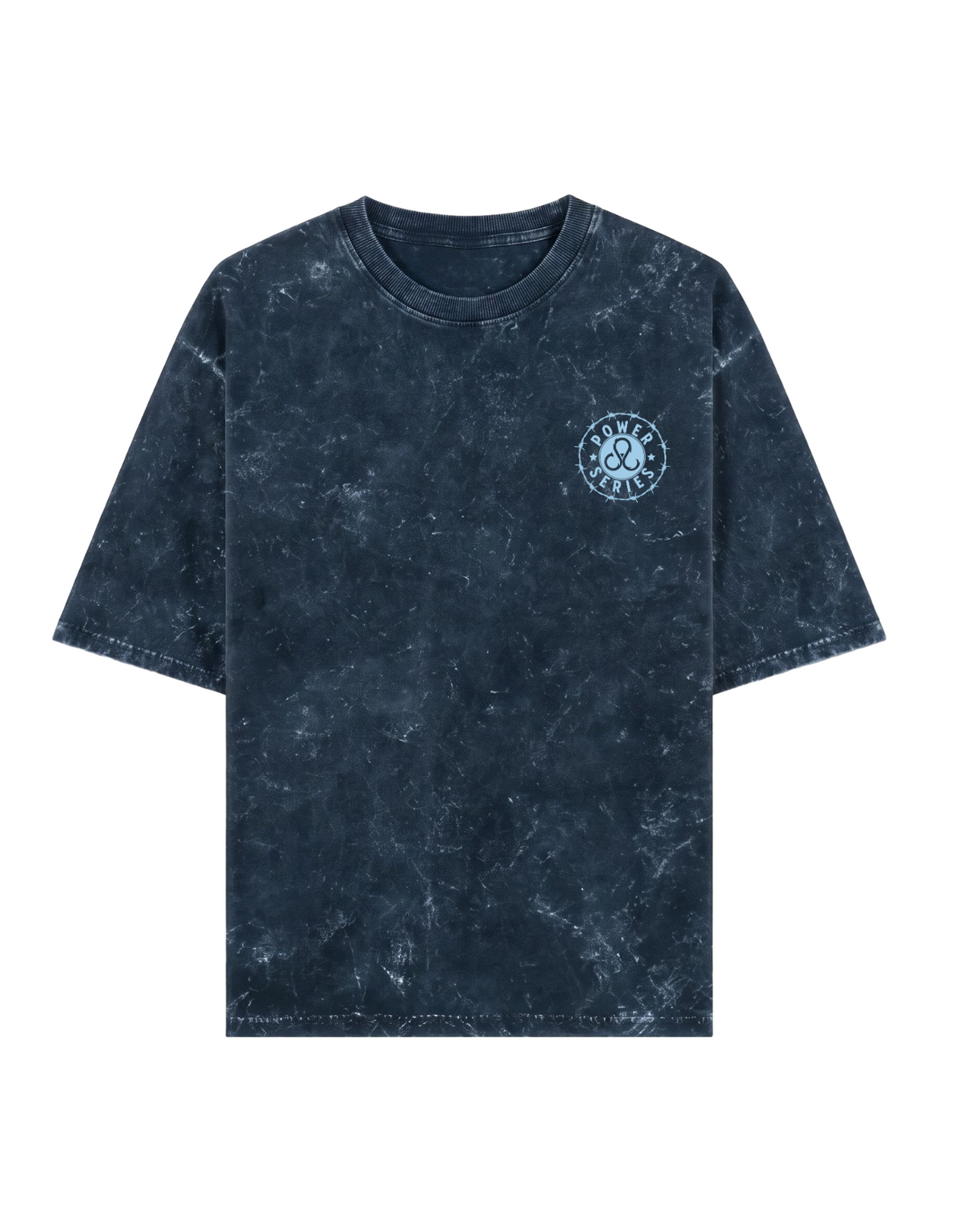 Front - A blue short-sleeve t-shirt with a Acid Washed look, featuring a large graphic print on the back. The graphic includes the word 'POWER' in light blue outline letters, a central face silhouette, and a blue, white, and orange paint splatter design with the text ' Power makes blind and Deaf'.
