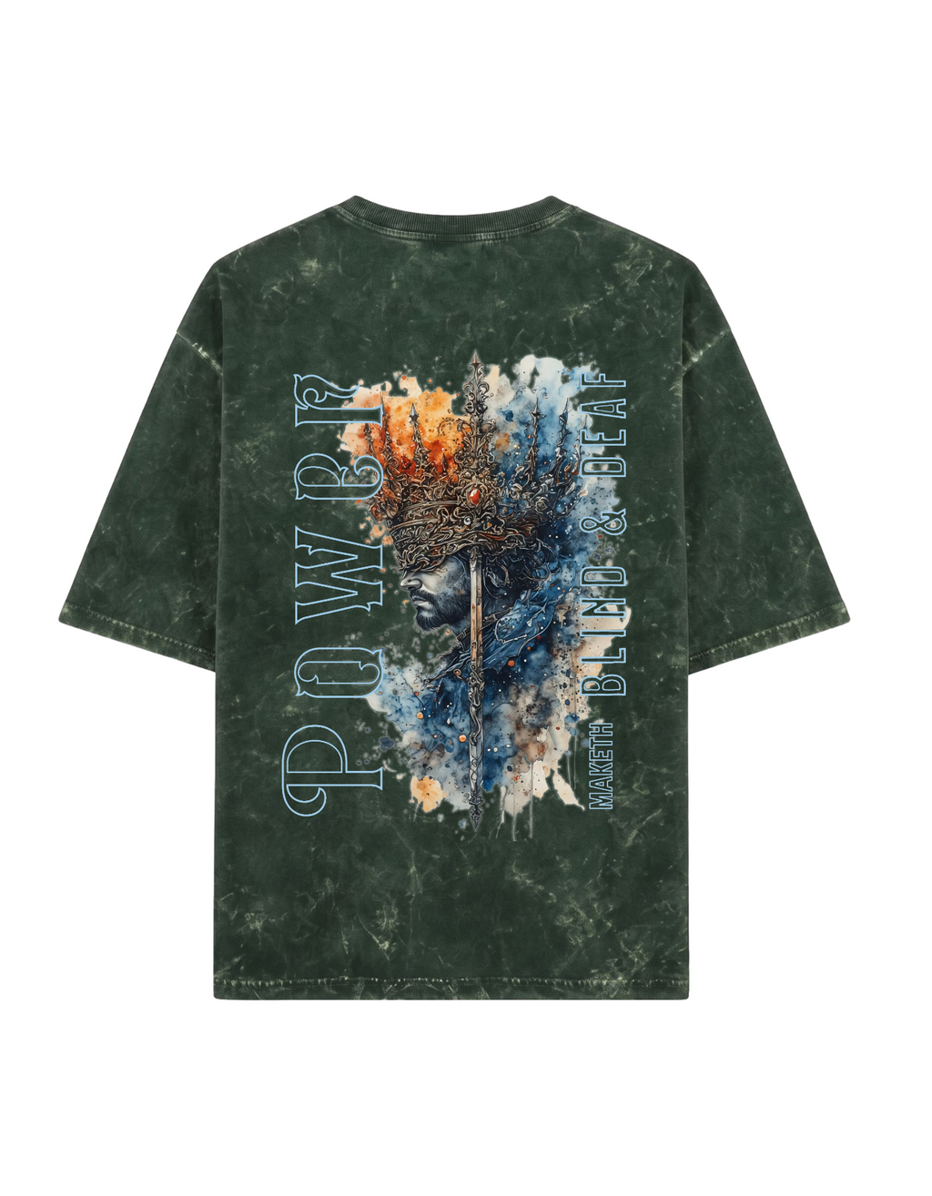 Rear - A green short-sleeve t-shirt with a Acid Washed look, featuring a large graphic print on the back. The graphic includes the word 'POWER' in light blue outline letters, a central face silhouette, and a blue, white, and orange paint splatter design with the text ' Power makes blind and Deaf'.