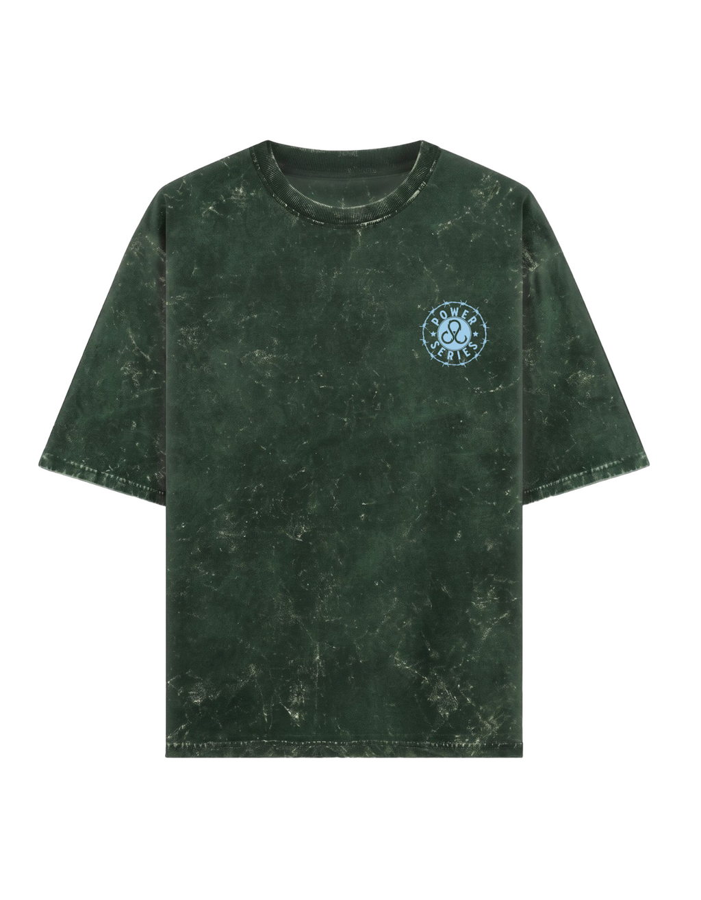 Front - A green short-sleeve t-shirt with a Acid Washed look, featuring a large graphic print on the back. The graphic includes the word 'POWER' in light blue outline letters, a central face silhouette, and a blue, white, and orange paint splatter design with the text ' Power makes blind and Deaf'.