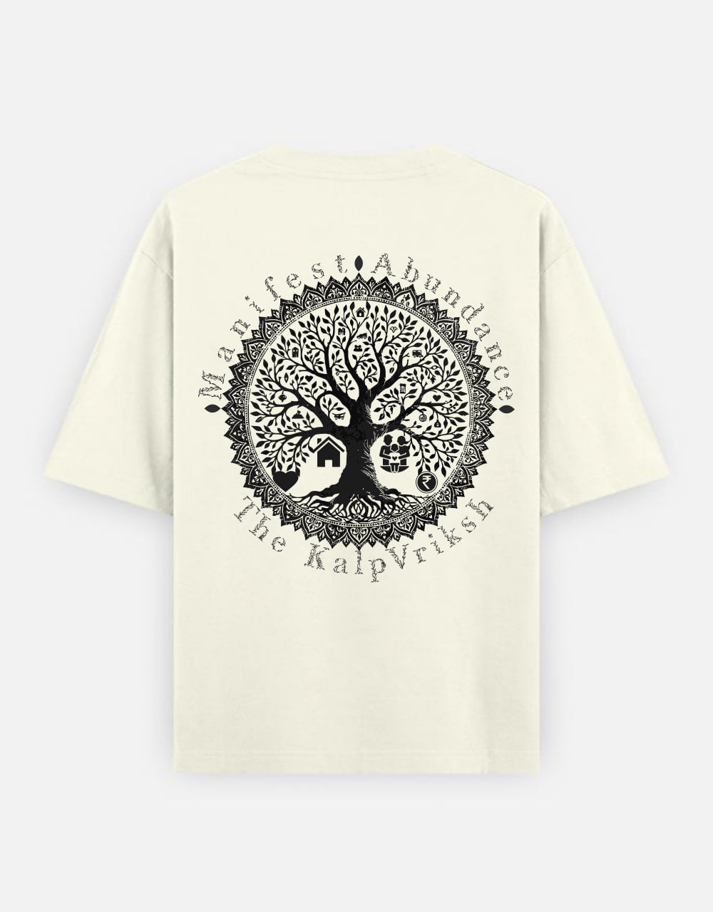 An off-white short-sleeve t-shirt with a large black circular graphic on the back, featuring a tree of wish - The KalpVriksh, and the text 'Manifest Abundance | The KalpVriksh'.