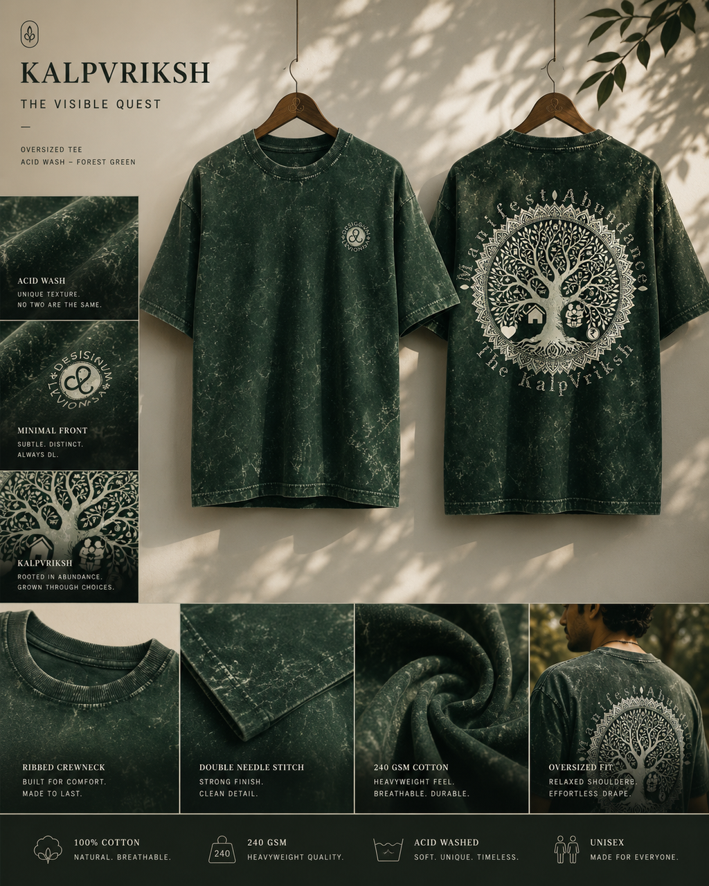 a dark green acid-wash t-shirt with a large white graphic on the back featuring a tree of life, The KalpVriksh, and the words 'Manifest Abundance The KalpVriksh' from Designum Leviowsa
