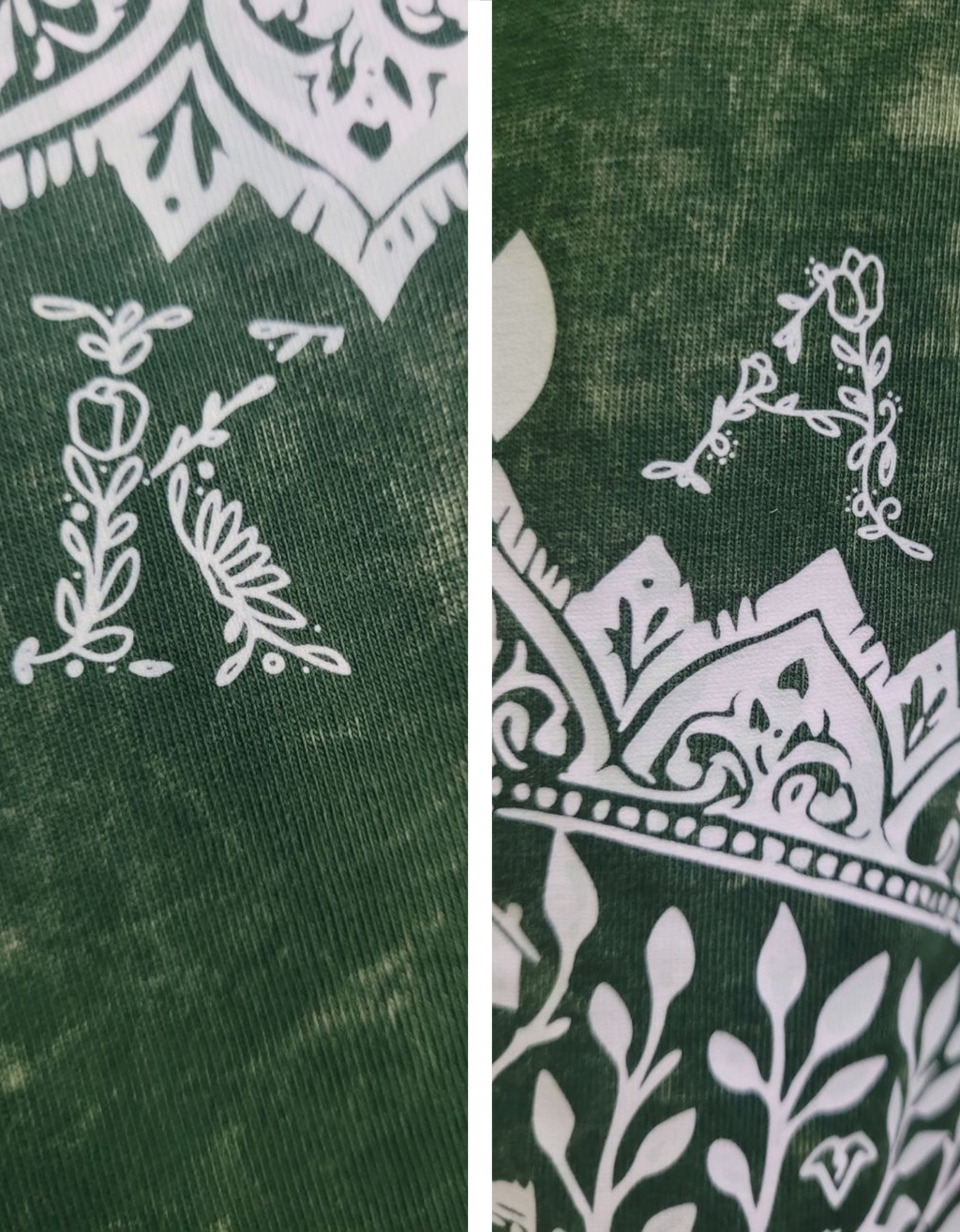 Close-up of macro detailing of a dark green acid-wash t-shirt with a large white graphic on the back featuring a tree of life, The KalpVriksh, and the words 'Manifest Abundance The KalpVriksh'.