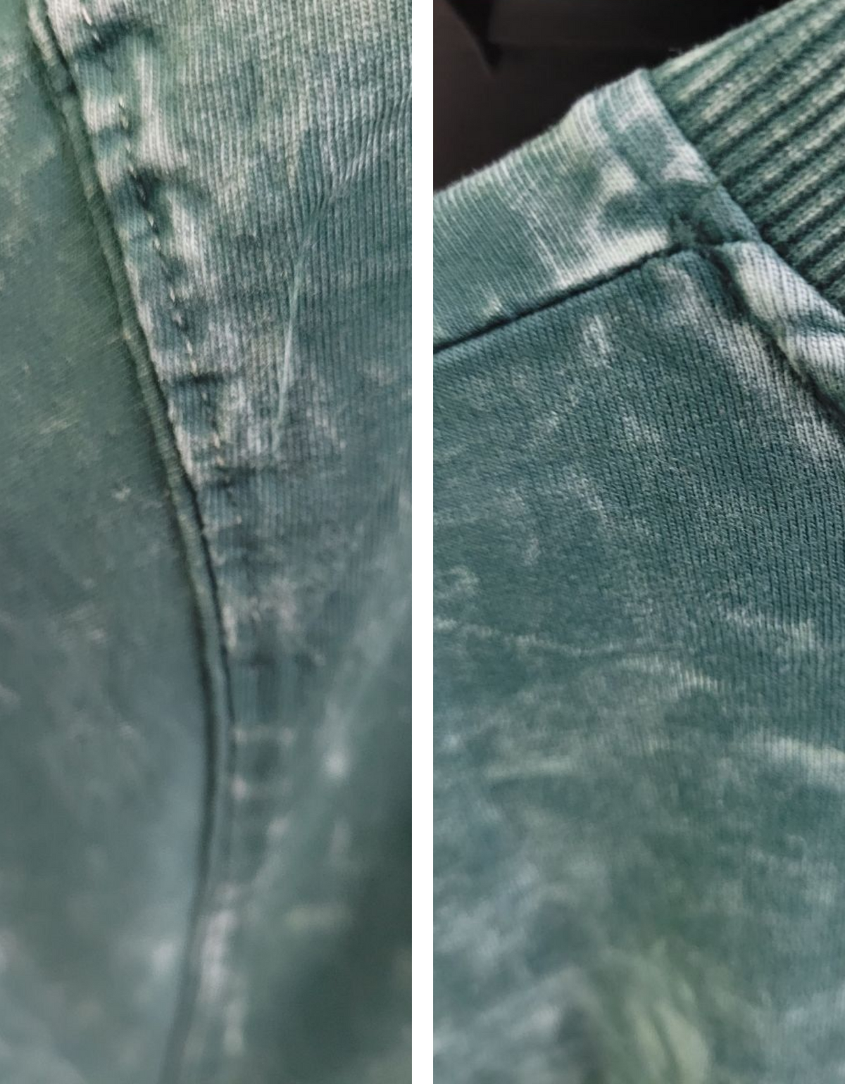 Close-up of macro detailing of a dark green acid-wash t-shirt with a large white graphic on the back featuring a tree of life, The KalpVriksh, and the words 'Manifest Abundance The KalpVriksh'.