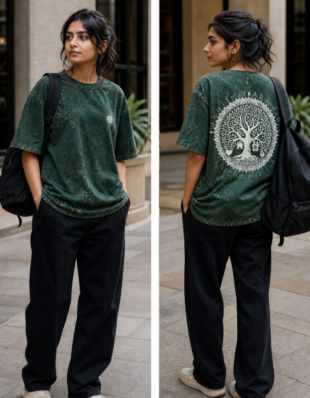 A woman shown in two side-by-side views wearing a dark green acid-wash t-shirt with a large white graphic on the back featuring a tree of life, The KalpVriksh, and the words 'Manifest Abundance The KalpVriksh' from Designum Leviowsa.