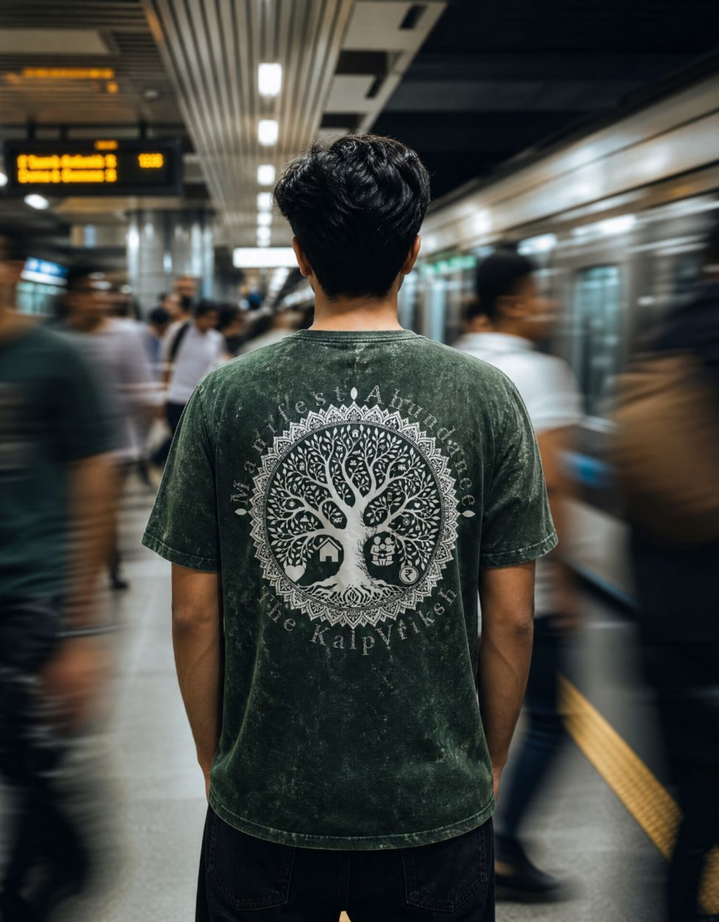 A man viewed from behind wearing a dark green acid-wash t-shirt with a large white graphic on the back featuring a tree of life, The KalpVriksh, and the words 'Manifest Abundance The KalpVriksh'.
