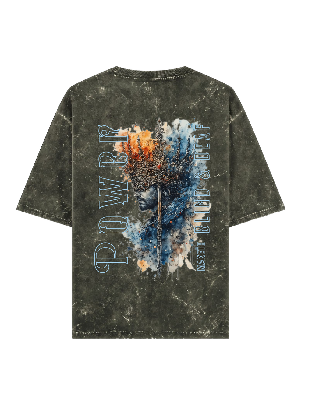 Rear - A olive short-sleeve t-shirt with a Acid Washed look, featuring a large graphic print on the back. The graphic includes the word 'POWER' in light blue outline letters, a central face silhouette, and a blue, white, and orange paint splatter design with the text ' Power makes blind and Deaf'.