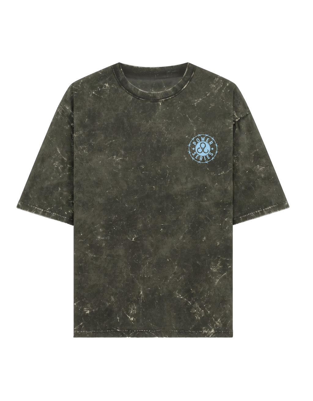 Front - A Olive short-sleeve t-shirt with a Acid Washed look, featuring a large graphic print on the back. The graphic includes the word 'POWER' in light blue outline letters, a central face silhouette, and a blue, white, and orange paint splatter design with the text ' Power makes blind and Deaf'.