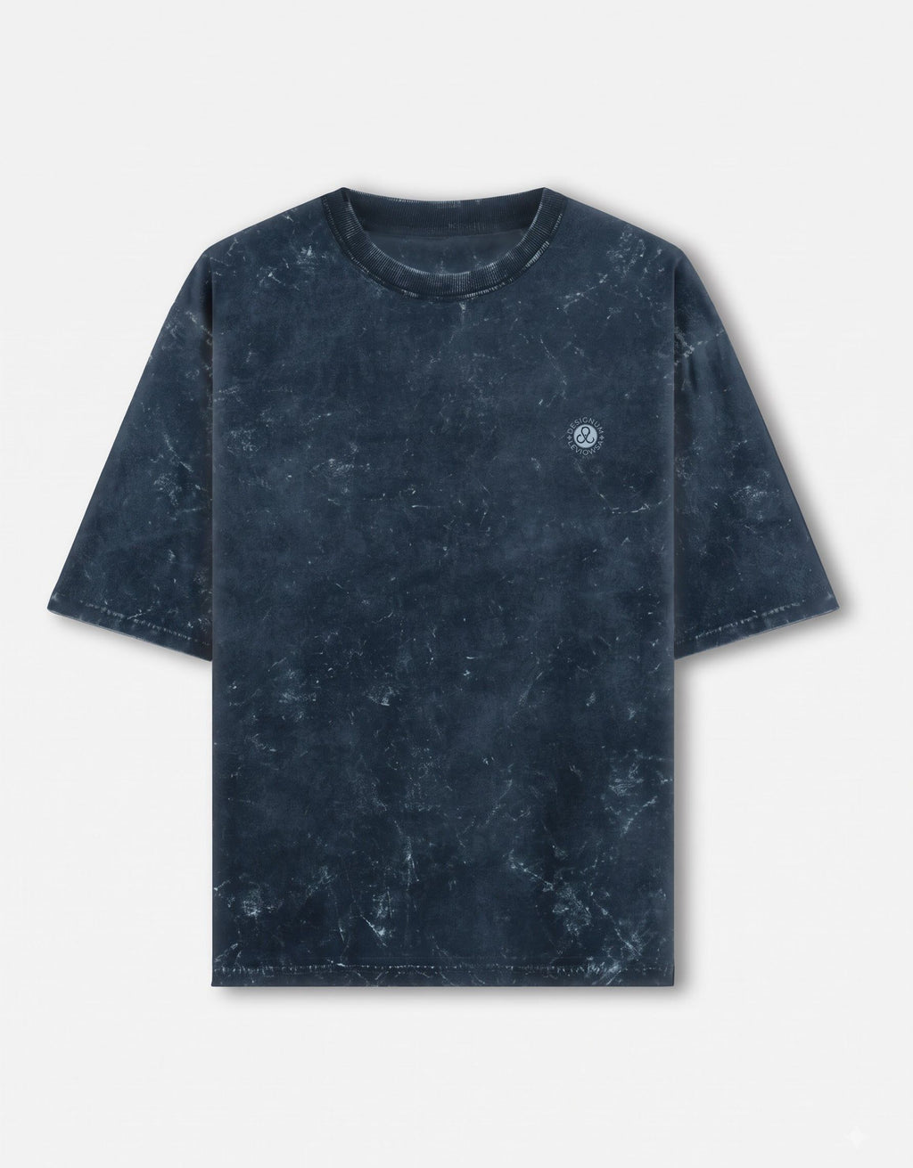 A dark navy blue short-sleeve acid wash t-shirt with a texture and a logo printed in ice blue colour showing and saying 'SANJEEVANI'